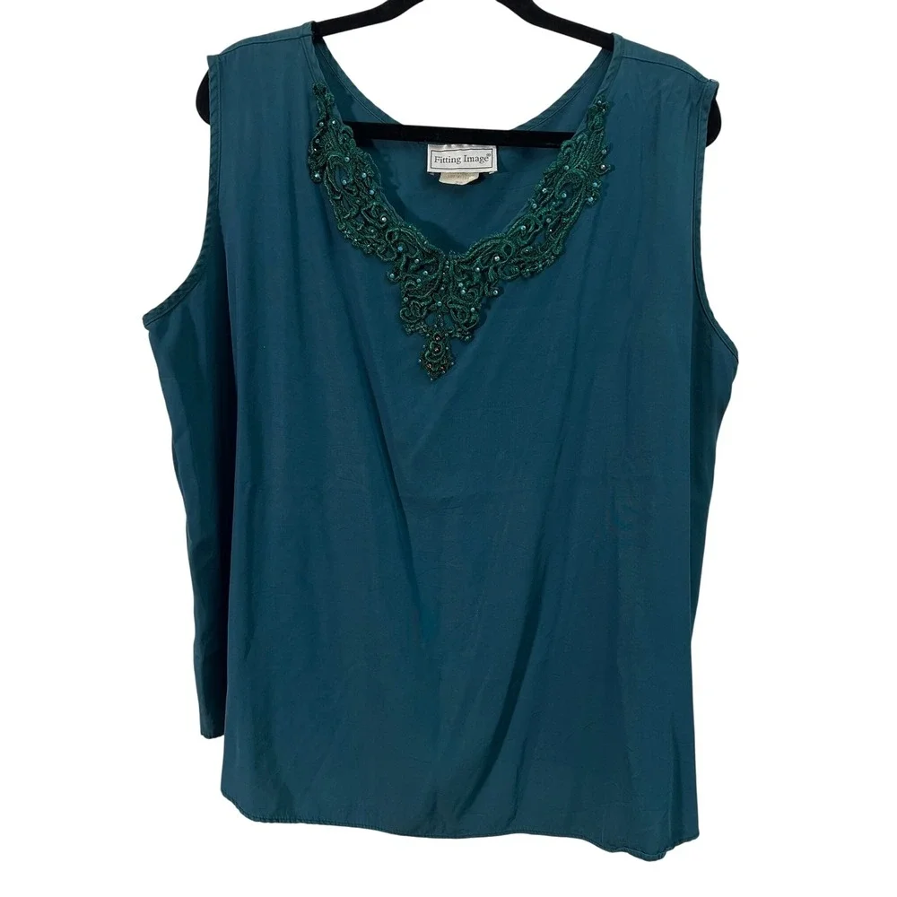 Fitting Image Tank Top 22 Vintage Cottagecore Beaded Lace V-Neck Teal Green - Picture 1 of 5